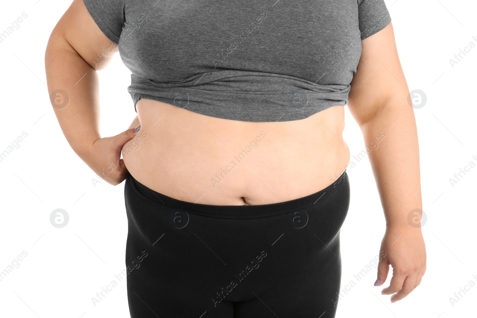 Photo of Overweight woman on white background, closeup view