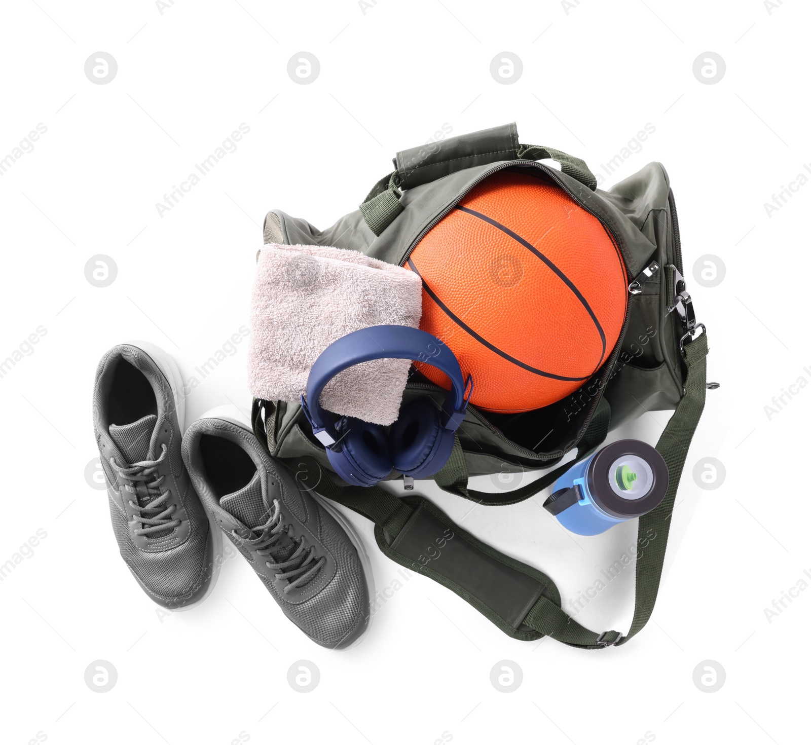 Photo of Gym bag and sports equipment on white background, top view