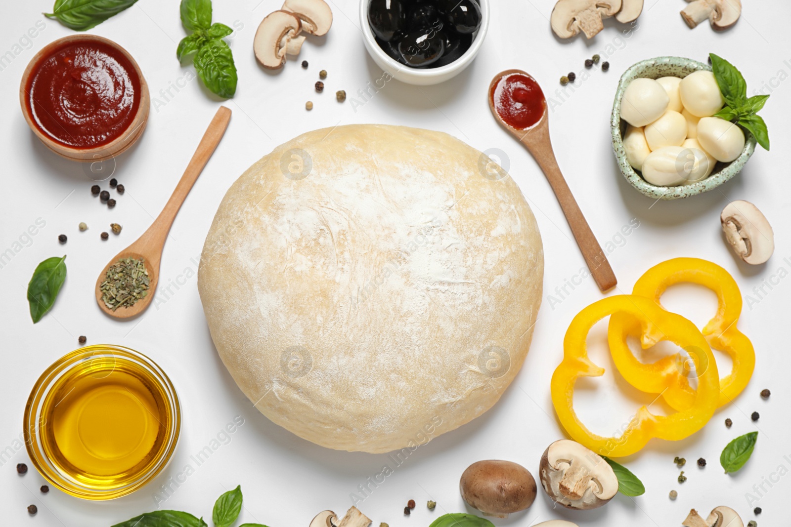 Photo of Flat lay composition with fresh ingredients for pizza on white background