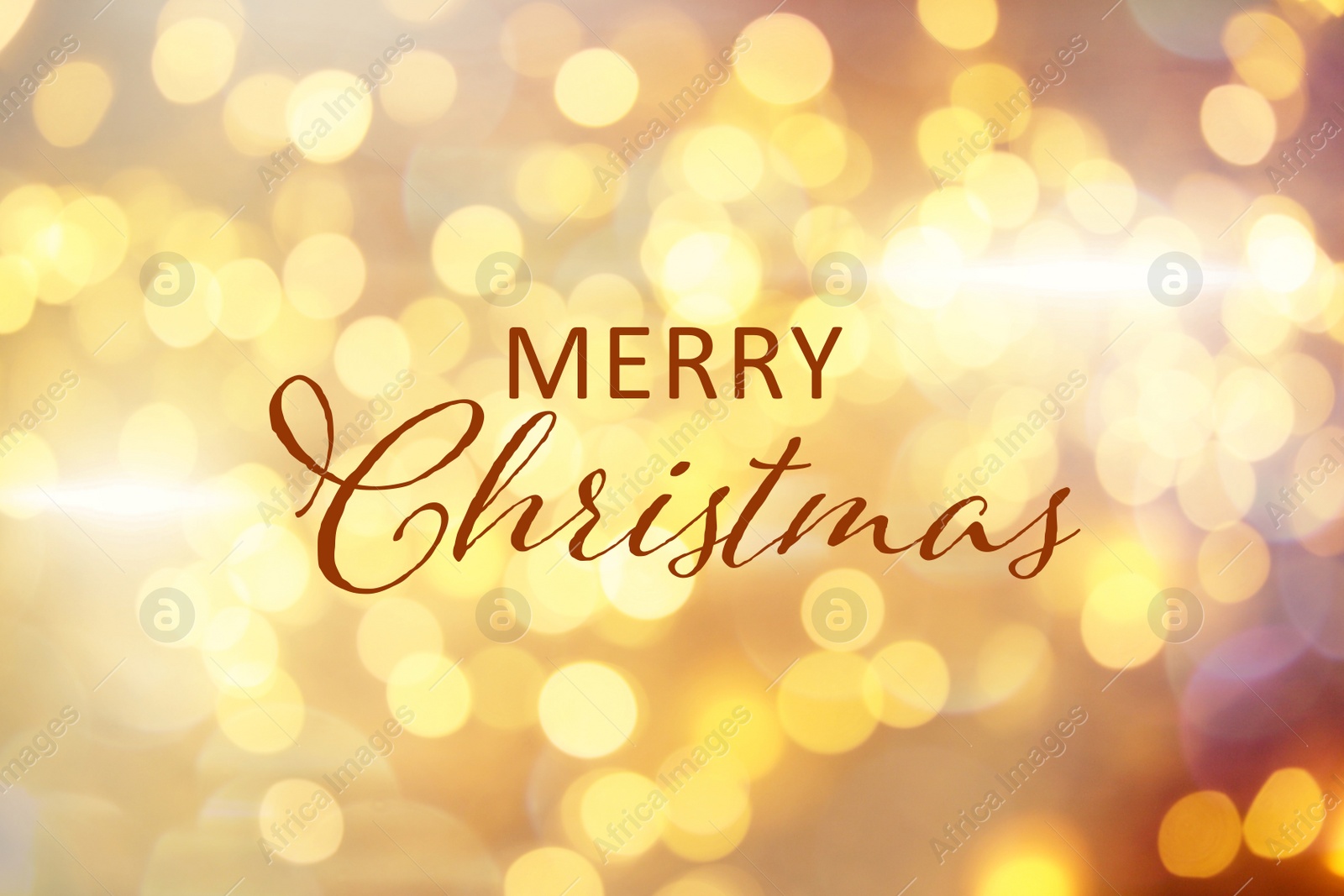 Illustration of Text Merry Christmas on blurred background with golden lights. Bokeh effect