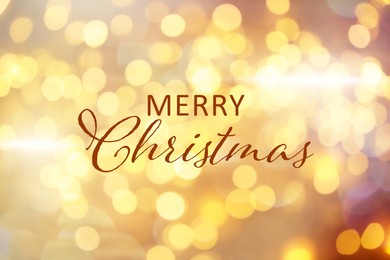 Illustration of Text Merry Christmas on blurred background with golden lights. Bokeh effect