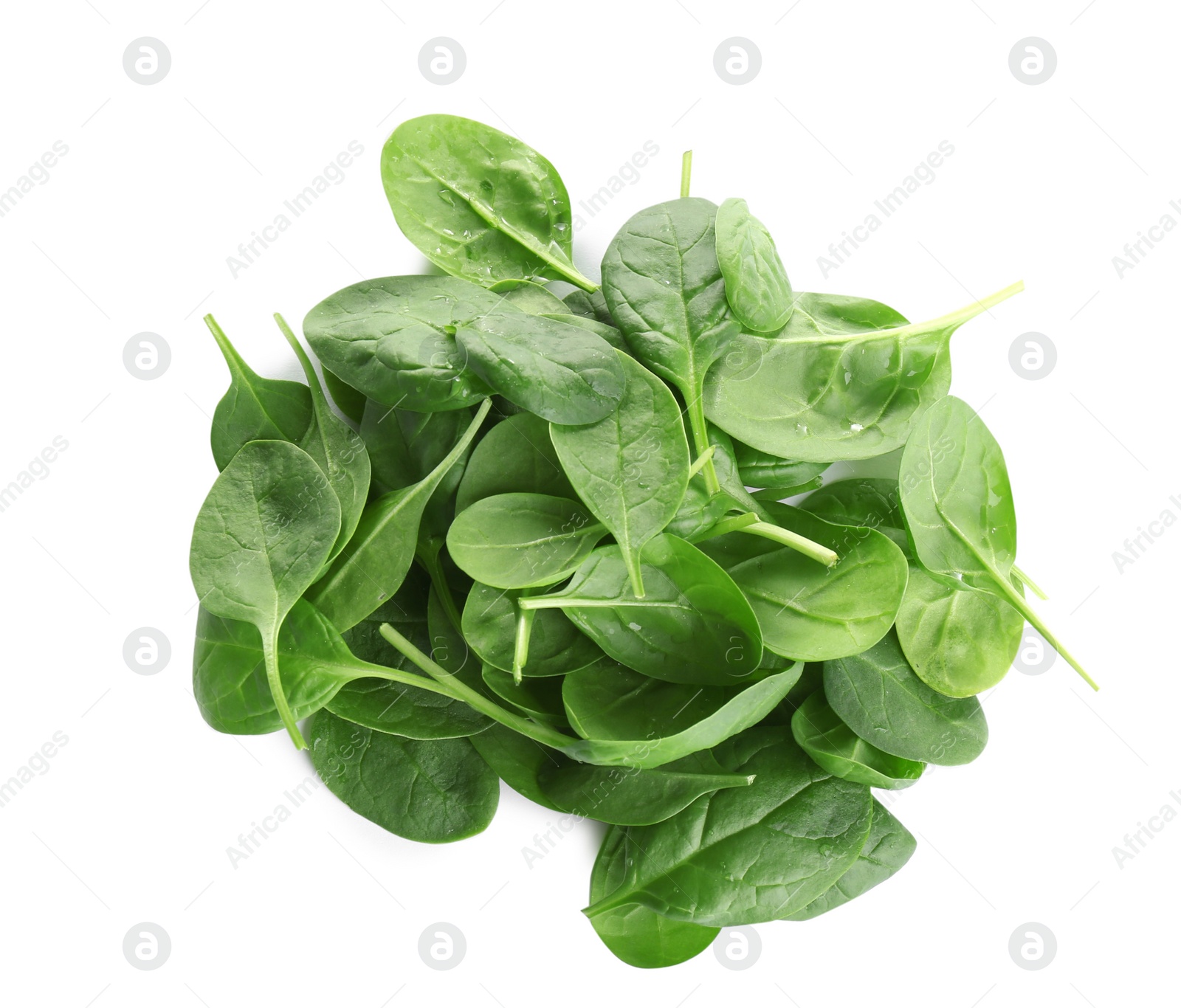 Photo of Pile of fresh green healthy baby spinach leaves on white background, top view