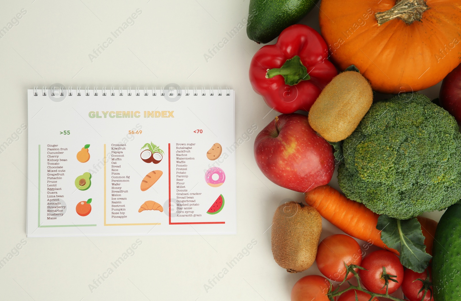 Photo of Glycemic index. Notebook with information and products on white table, flat lay