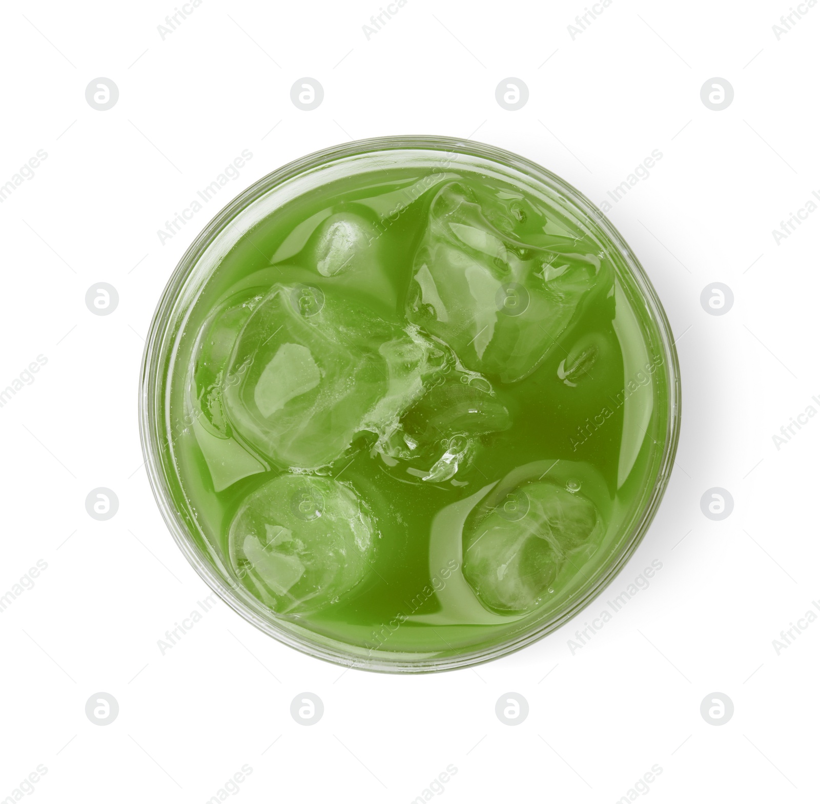 Photo of Glass of delicious iced green matcha tea isolated on white, top view