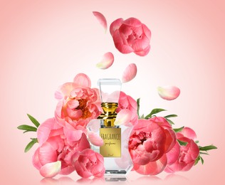Image of Bottle of luxury perfume and beautiful flowers on color background