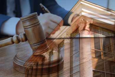 Image of Law protection. Double exposure of gavel and court building