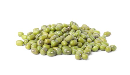 Photo of Pile of green mung beans isolated on white. Organic grains