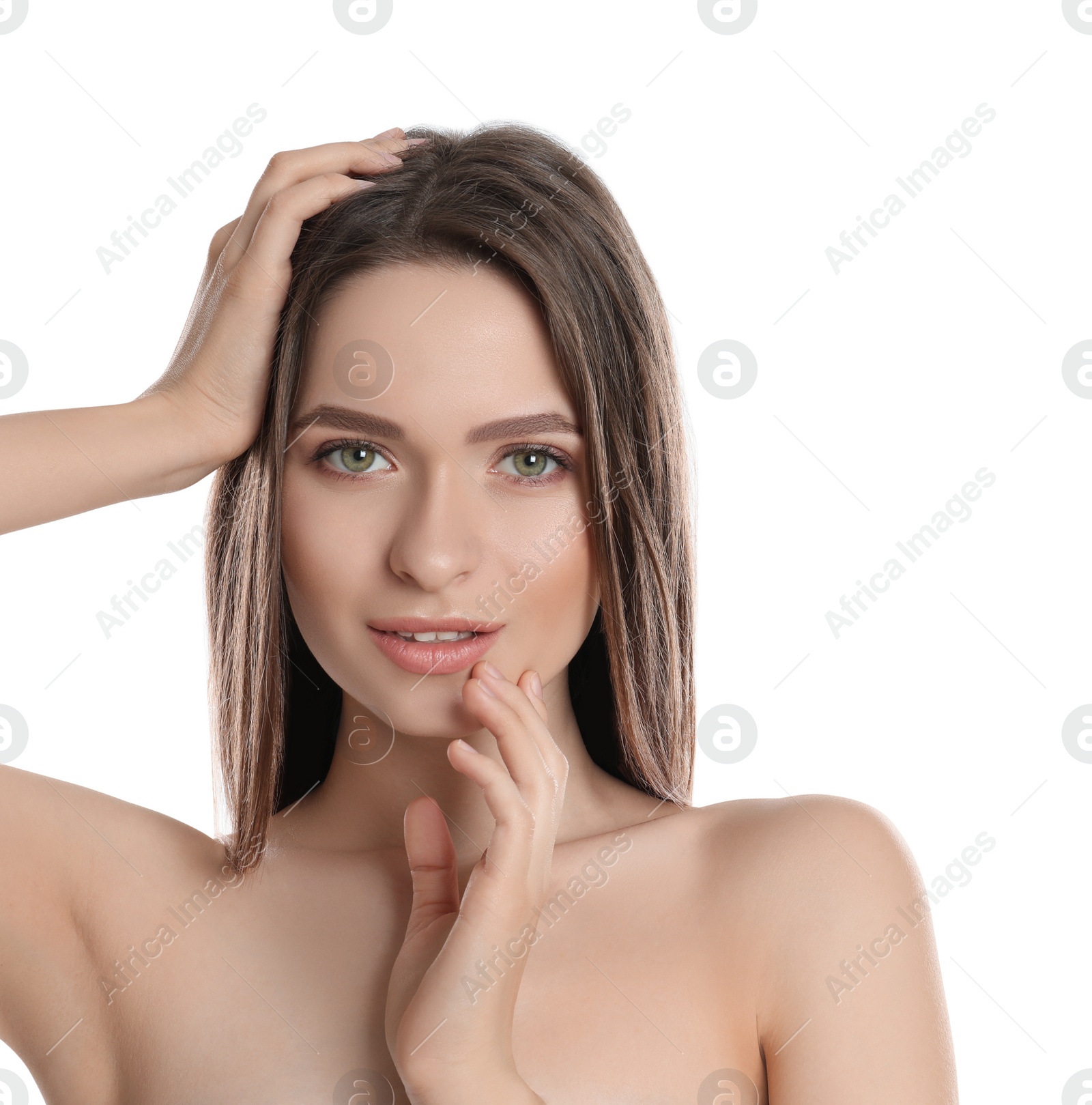 Photo of Portrait of young woman with beautiful face on white background