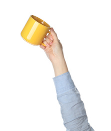 Photo of Woman holding cup on white background, closeup