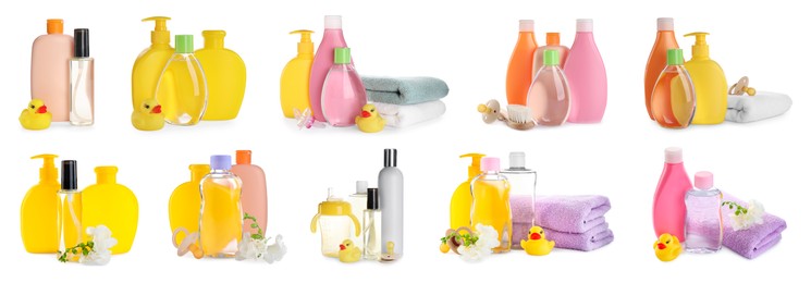 Image of Set with baby oil, other cosmetic products and accessories on white background. Banner design