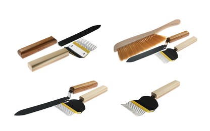 Image of Set with different beekeeping tools on white background