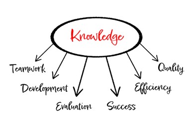 Illustration of Mind map. Circle with word Knowledge and arrows leading to other words (Teamwork, Development, Evaluation, Success, Efficiency, Quality) on white background