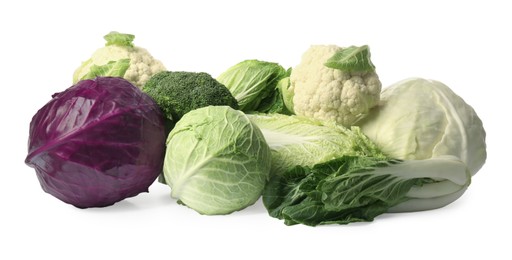 Photo of Many different fresh ripe cabbages on white background