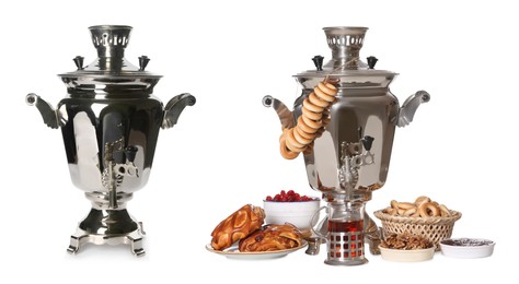 Traditional Russian samovars and treats on white background, collage