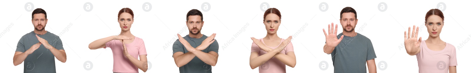 Image of Collage with photos of people showing stop and time out gestures on white background