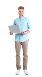 Photo of Young man with laptop on white background