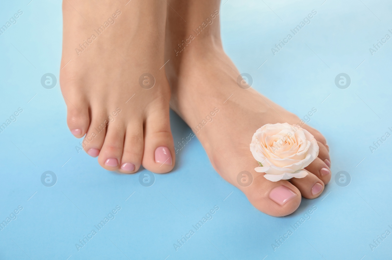 Photo of Woman with smooth feet  and flower on color background, closeup. Spa treatment