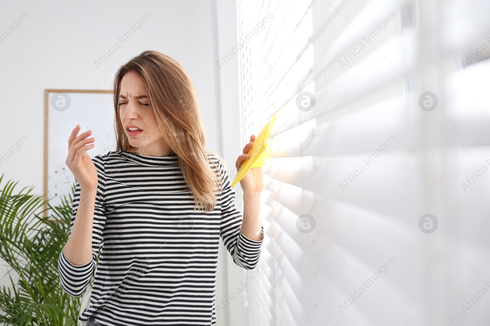 Photo of Young woman suffering from dust allergy while cleaning window blinds at home