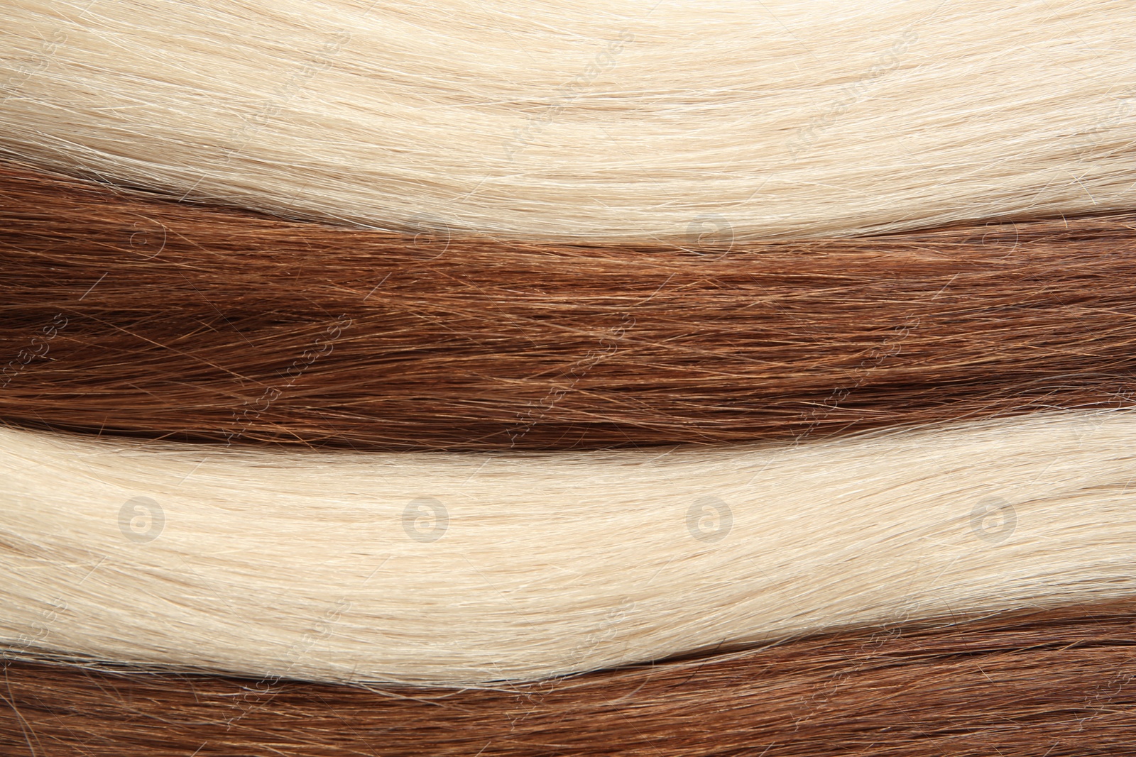 Photo of Strands of different color hair as background, closeup