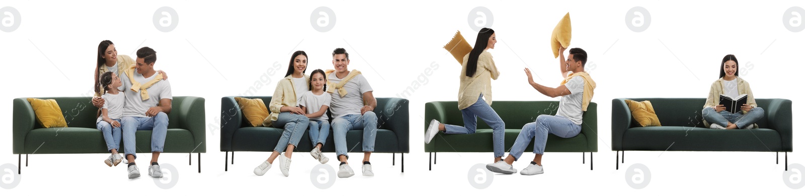 Image of People resting on different stylish sofas against white background, collage. Banner design