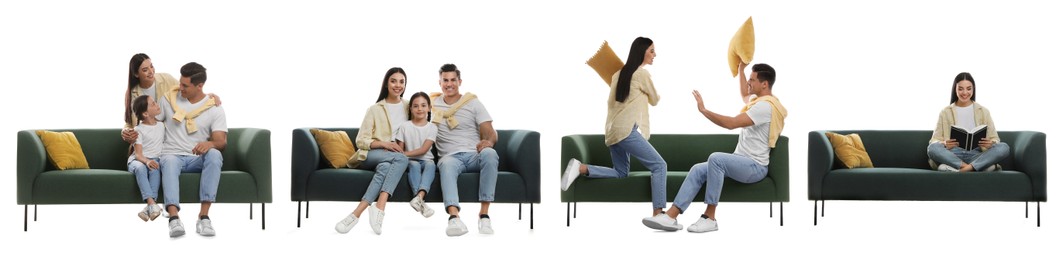 Image of People resting on different stylish sofas against white background, collage. Banner design