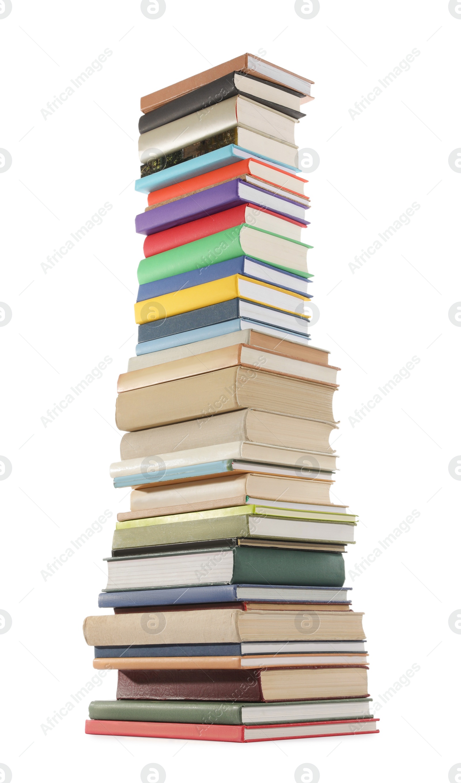 Photo of High stack of many different books isolated on white