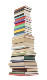 Photo of High stack of many different books isolated on white