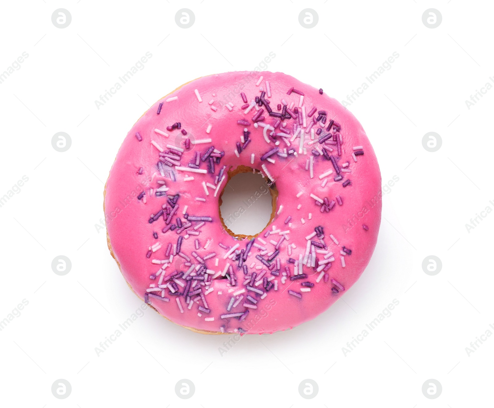 Photo of Tasty glazed donut decorated with sprinkles isolated on white, top view