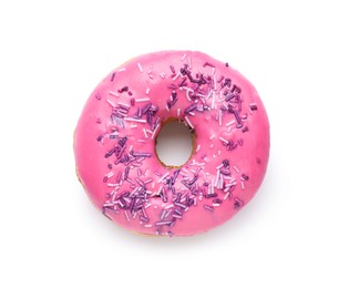 Photo of Tasty glazed donut decorated with sprinkles isolated on white, top view