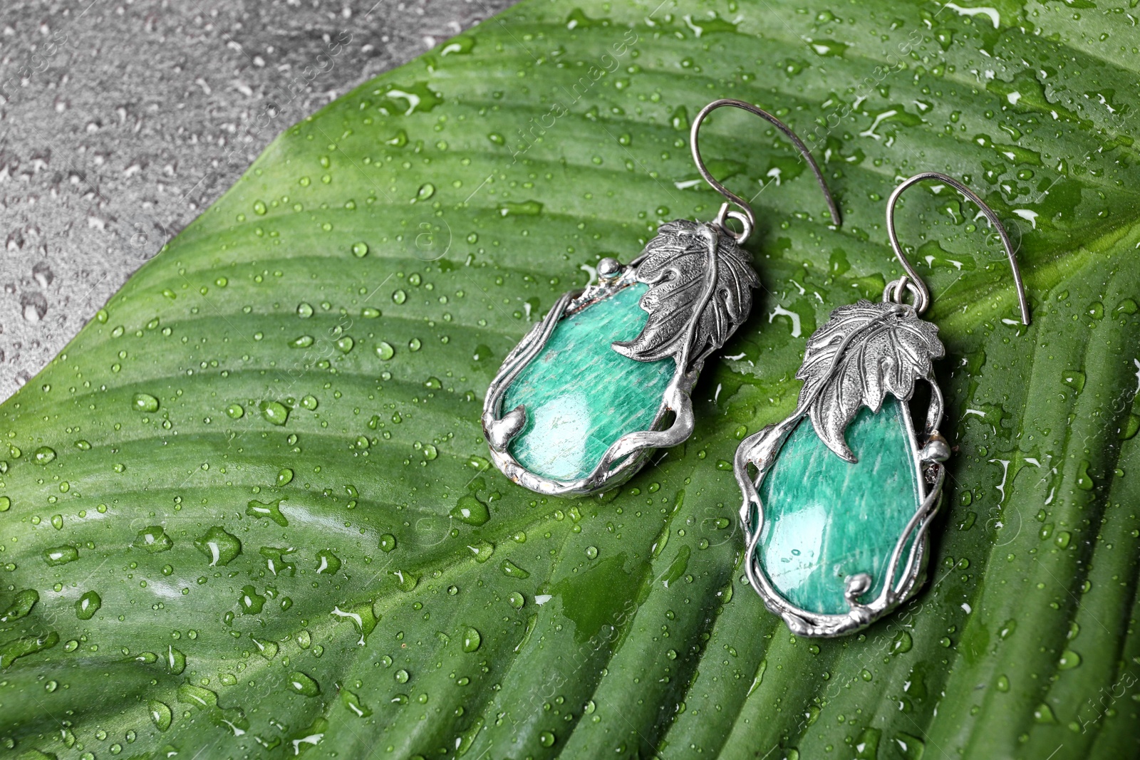Photo of Beautiful pair of silver earrings with amazonite gemstones on green leaf, above view. Space for text