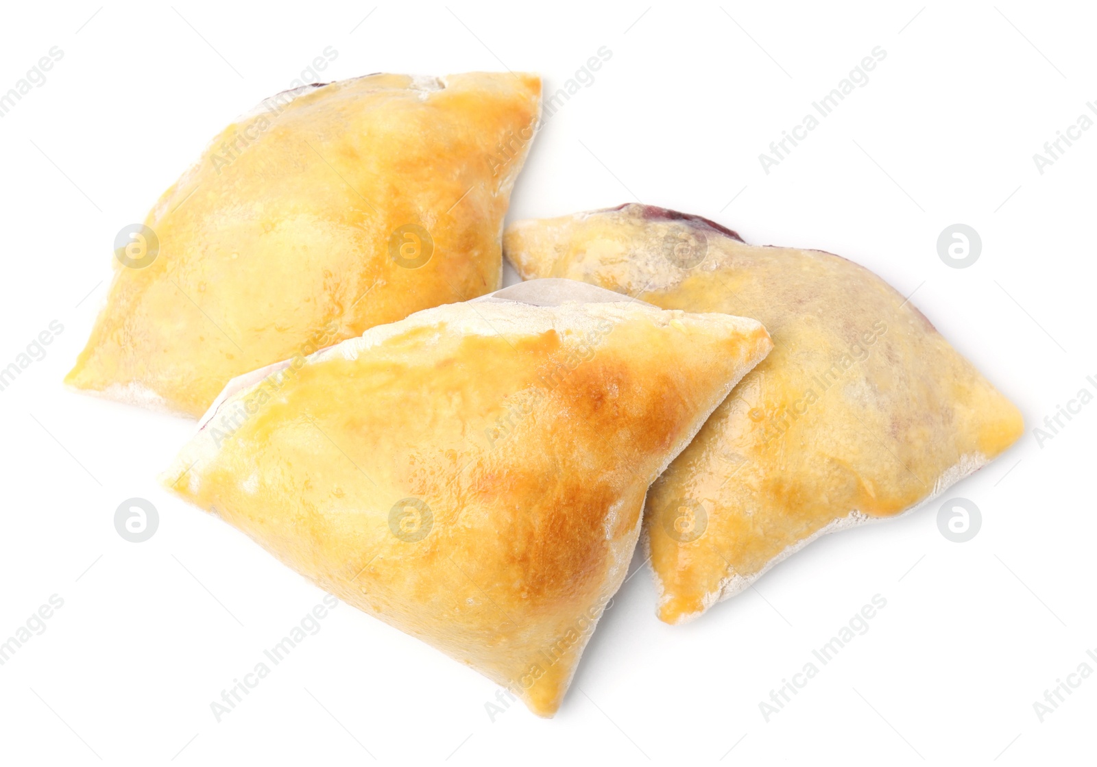 Photo of Delicious samosas isolated on white, top view