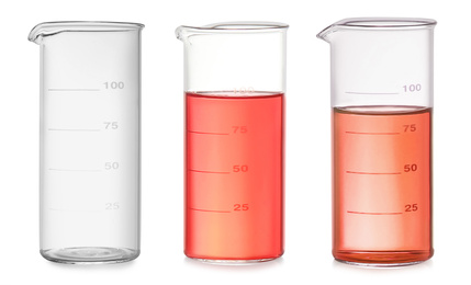 Image of Set of beakers on white background. Laboratory glassware