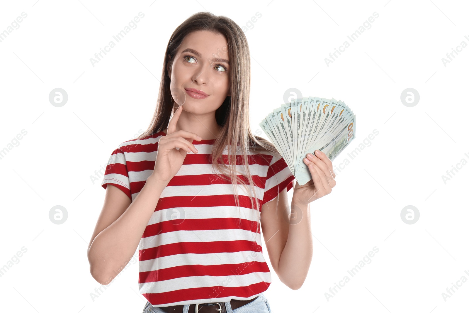 Photo of Young woman with money on white background