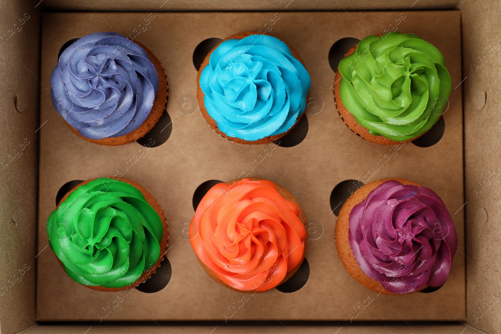 Photo of Different cupcakes with cream in box, closeup