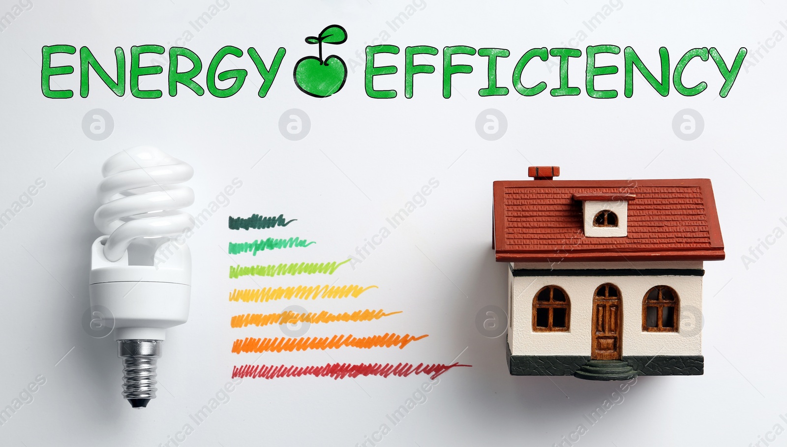 Image of Energy efficiency concept. Colorful chart, house model and lamp on white background, flat lay