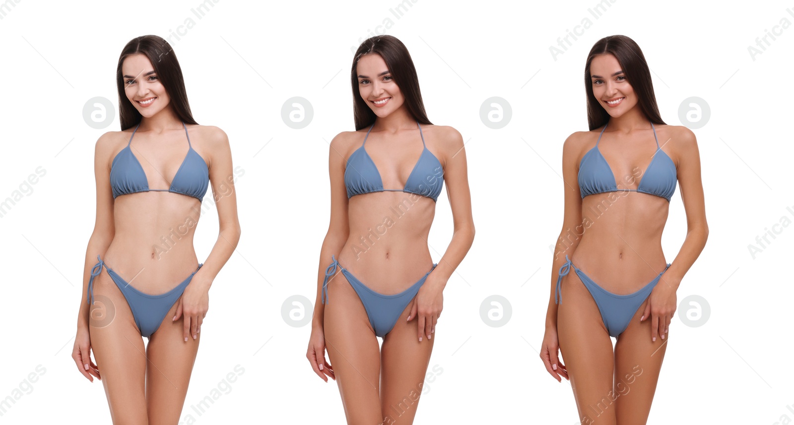 Image of Solarium tan. Woman in bikini with different skin tones on white background, collage