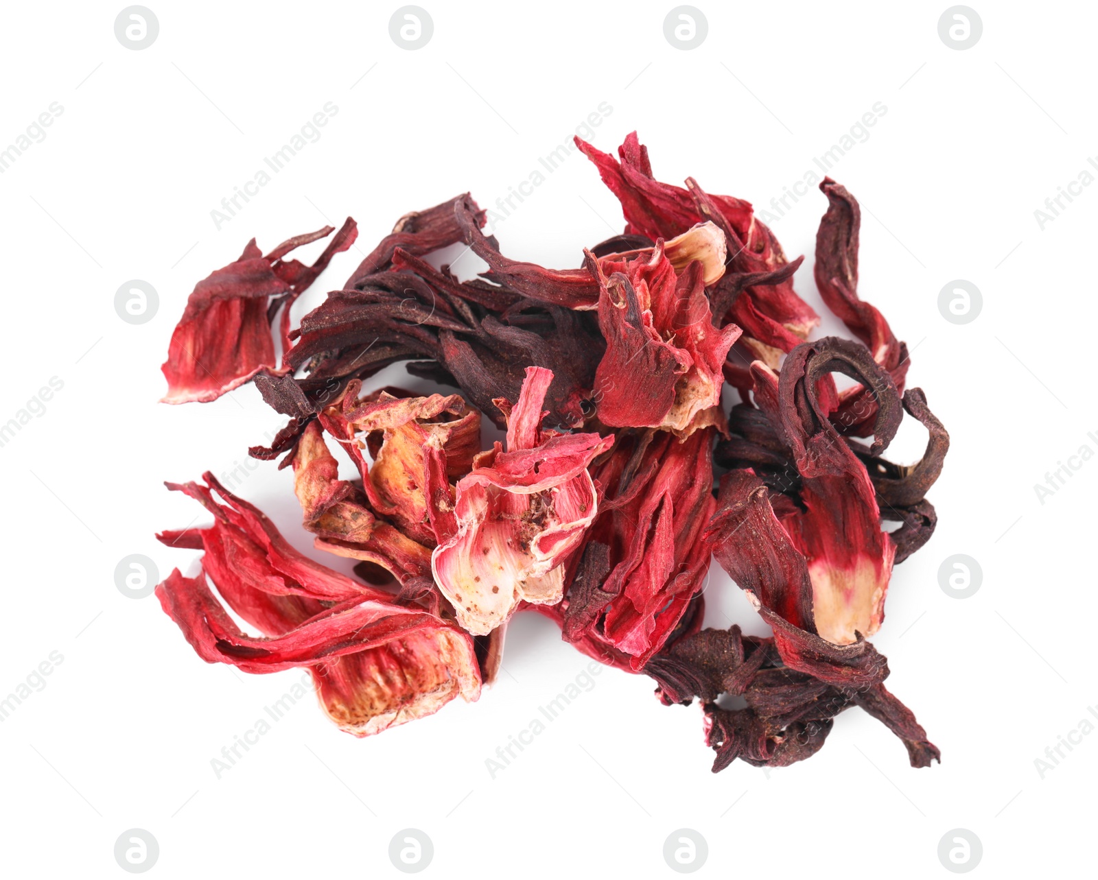 Photo of Pile of dry hibiscus tea isolated on white, top view