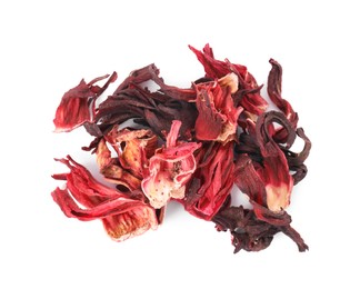 Pile of dry hibiscus tea isolated on white, top view