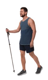 Photo of Man practicing Nordic walking with pole isolated on white