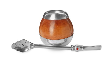 Photo of Calabash and bombilla with mate tea on white background