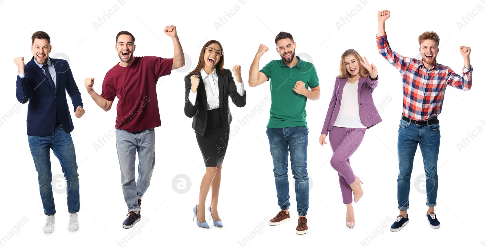 Image of Collage with photos of happy people celebrating victory on white background. Banner design