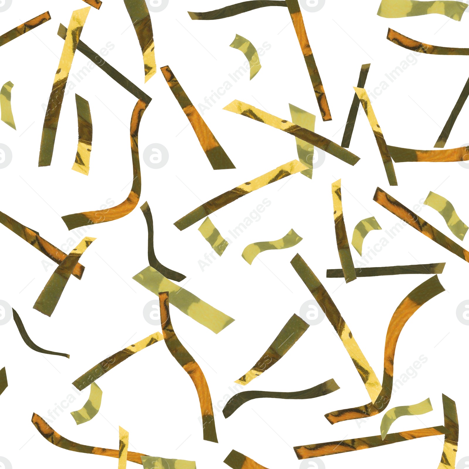 Image of Shiny golden confetti falling on white background