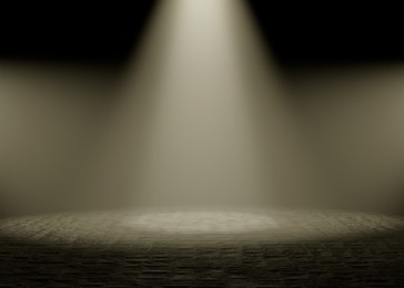 Image of Bright spotlights in dark room. Performance equipment