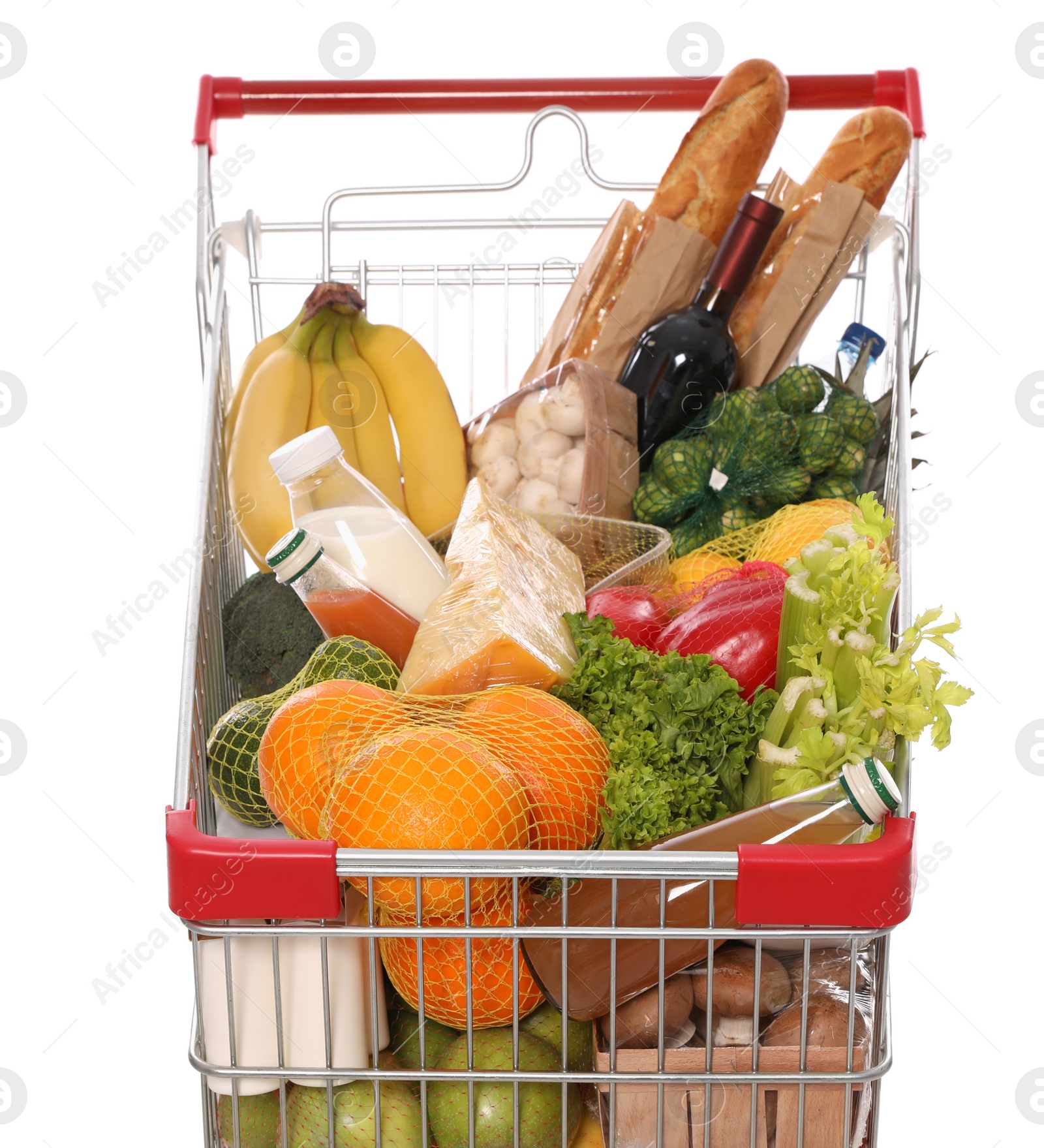 Photo of Shopping cart full of groceries on white background