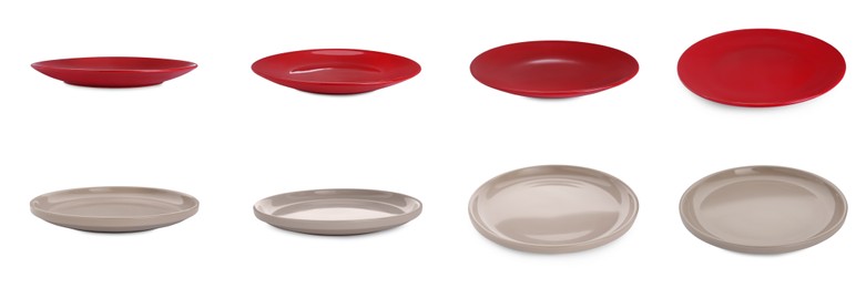 Set of ceramic plates in different colors on white background