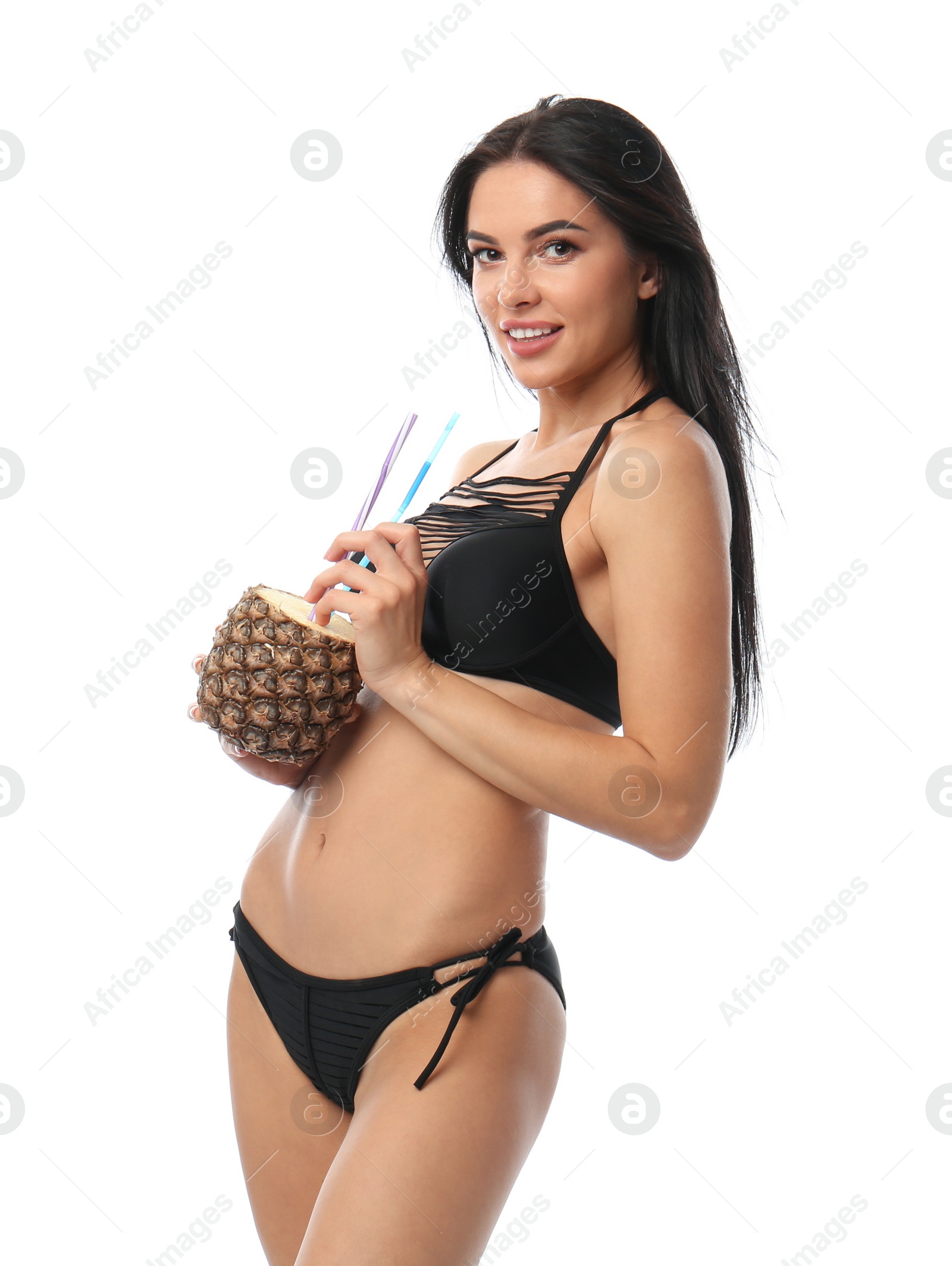 Photo of Beautiful young woman in black bikini with cocktail on white background