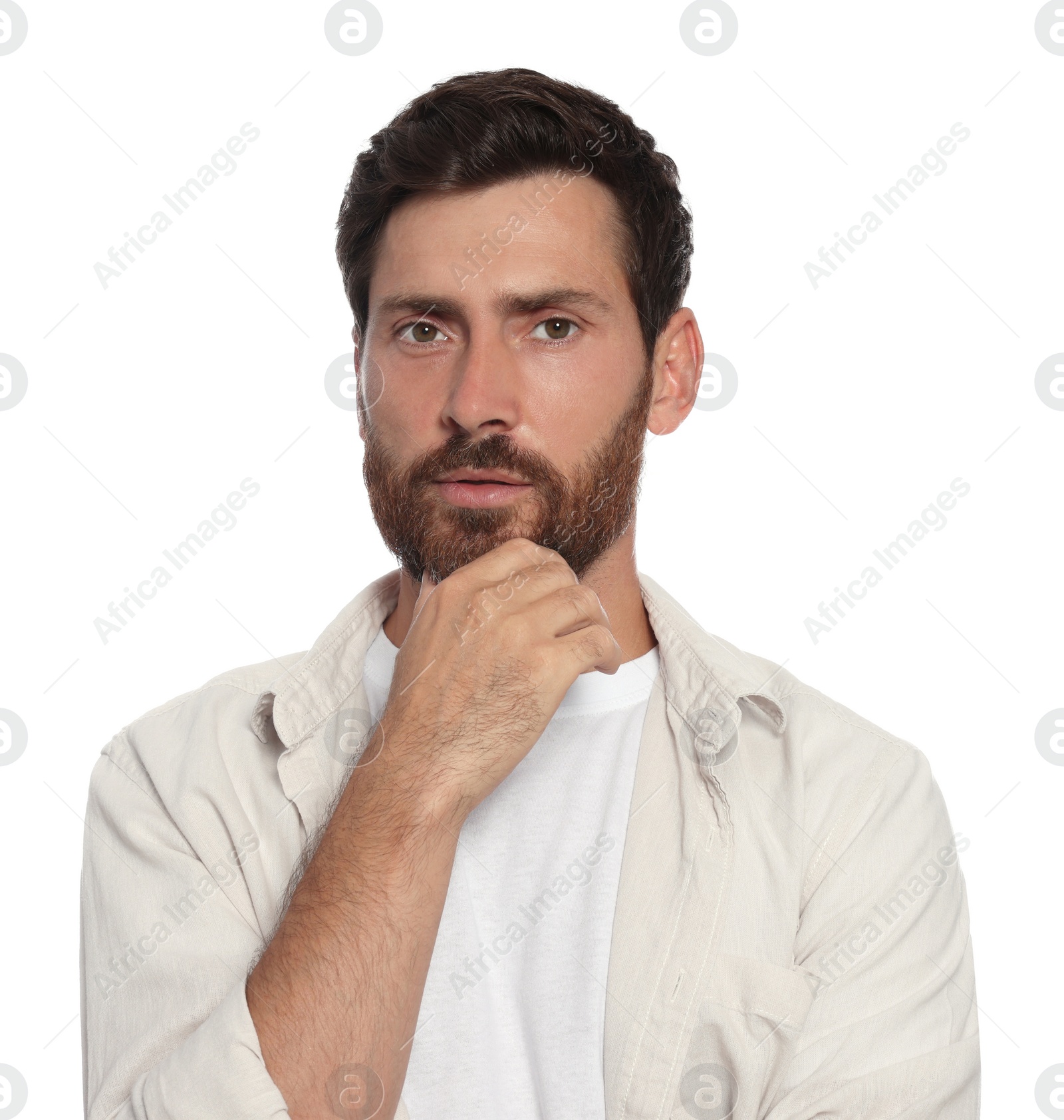 Photo of Portrait of handsome bearded man on white background