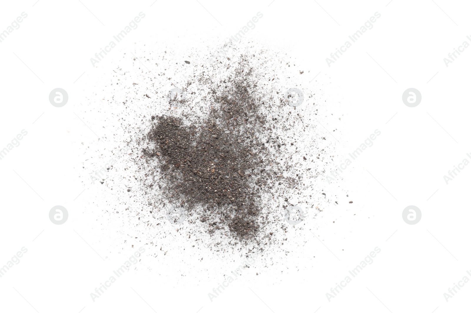 Photo of Pile of black dust scattered on white background, top view