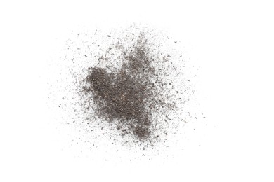 Photo of Pile of black dust scattered on white background, top view