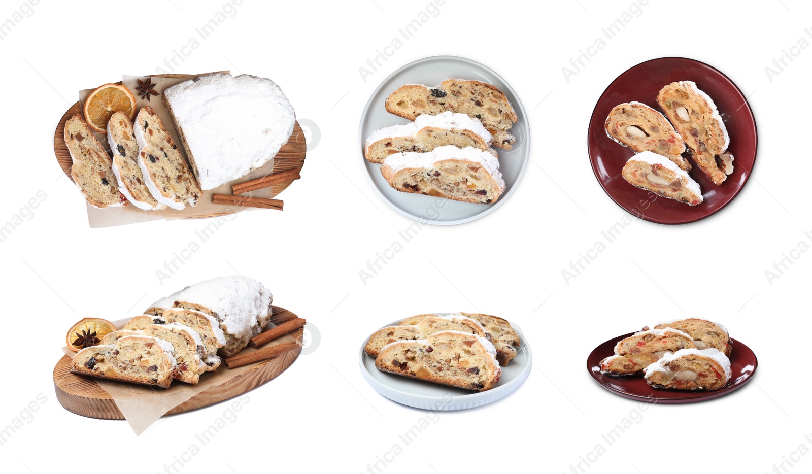 Image of Set with traditional Christmas Stollens on white background